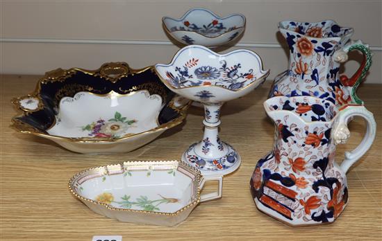 A pair of Masons jugs, two Meissen pedestal dishes, a Copenhagen dish and Bavarian gilt and floral dish.